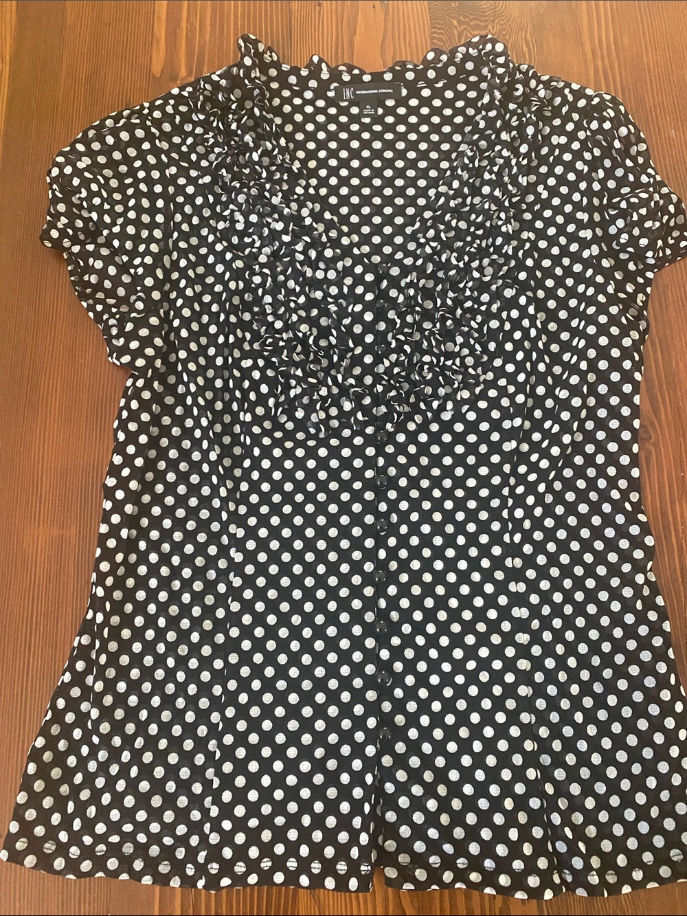 INC International Concepts Black and White Polka Dot Ruffle Blouse